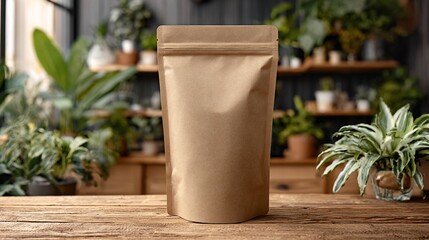 Beige paper pouch on wooden surface, plant backdrop