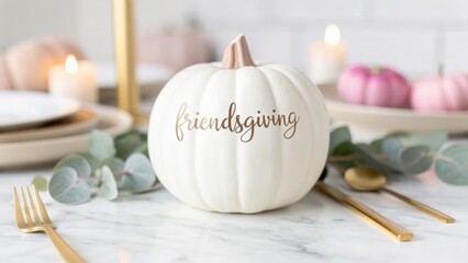 friendsgiving celebration A stylish white pumpkin with "friendsgiving" written on it, surrounded by candles and decorative elements.