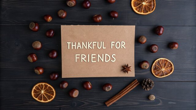friendsgiving celebration Thankful for friends message with decorative elements like dried fruits and nuts on a dark wooden background.