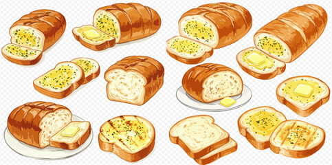 A collection of delicious garlic bread loaves, slices, and buttered toast illustrations.