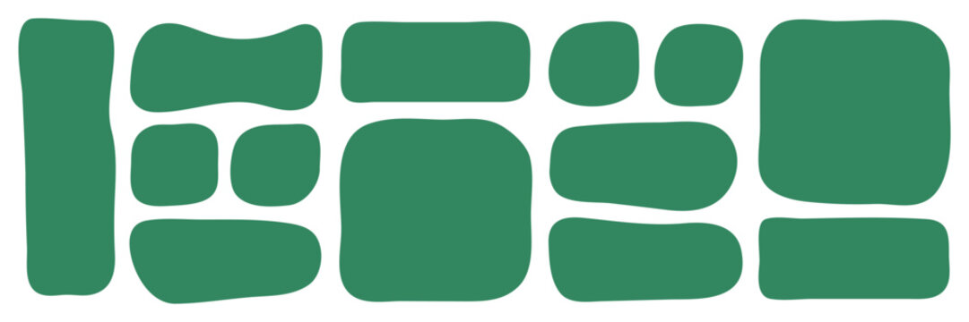 Abstract set of irregular green shapes. Organic geometric elements resembling stones or tiles. Christmas green frames, holiday backgrounds and festive notes. Vector