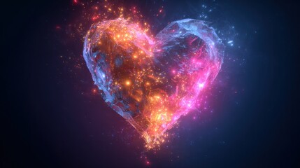 High contrast glowing heart in hot pink and orange, emitting soft radiant glows and sparks