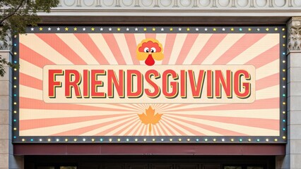 friendsgiving celebration Colorful Friendsgiving sign with a turkey motif and bold lettering, celebrating friendship and gratitude.