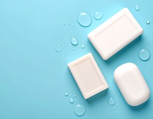 Three bars of white soap on a light blue surface with water droplets