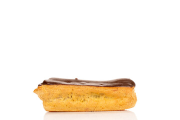 Chocolate sweet eclair, macro, isolated on white background.