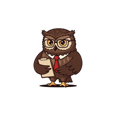 Wise Owl Mascot Professor Wearing Glasses and Tie Holding Clipboard in Academic Teaching Vector Illustration