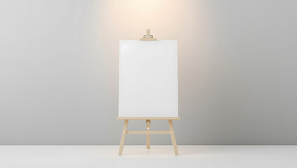 Blank Vertical White Canvas on a Wooden Easel with Spotlights in a Studio