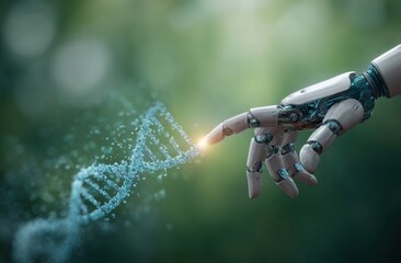 Photo of an artificial intelligence robot touching the DNA with its finger, symbolizing machine learning and biology