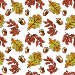 Autumn pattern with oak leaves and acorns. Vector illustration