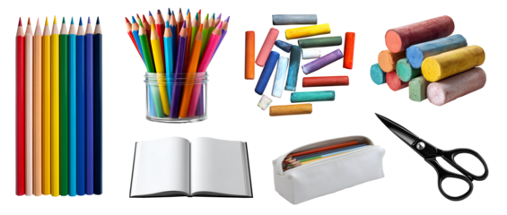 Set of artist designer children school education colouring art essential tool supplies, colour pencil, chalk , sketch book, scissors, transparent cutout PNG. Many different mockup