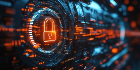 Cyber Security Lock Icon with Digital Circuitry and Data Flow Visualization