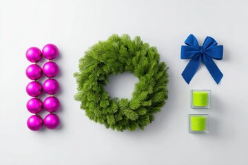 Vibrant pink ornaments, lush green wreath, blue bow, and bright candles arranged artistically on a white background, creating a festive holiday decoration concept