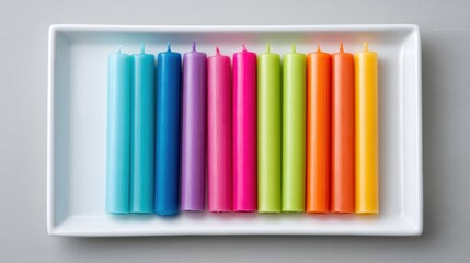 Colorful candles arranged neatly on a white rectangular tray, showcasing a vibrant spectrum of hues, perfect for festive occasions or decorative purposes