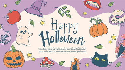 Happy Halloween Greeting Card with Cute Spooky Elements. Perfect for party invitations, greeting cards, posters, flyers, banners, and seasonal social media templates.