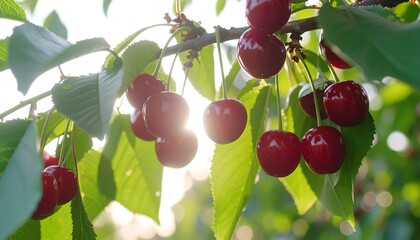 Sunlight filters through cherry laden branches, showcasing glossy red fruit and vibrant green leaves. Soft focus creates a natural, inviting scene