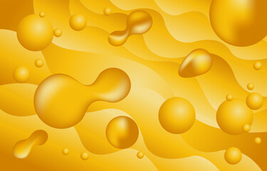 Vibrant abstract background with golden liquid drops and organic shapes over flowing wavy lines, featuring smooth gradients, 3D depth, movement, and a warm, glossy fluid effect