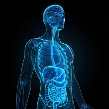 3D rendering of glowing blue human anatomy digestive system, presented as an X-ray hologram, vividly illuminated against a dark black background, symbolizing medical science and technology