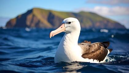 A white and brown seabird on water, with a distant island