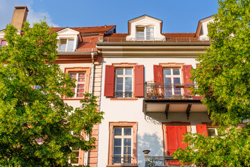 Charming Historical Buildings With Red Shutters In Heidelberg Germany