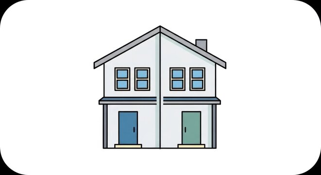 Two-story duplex building with peaked roof, doors, and windows, outlined in black on a white background