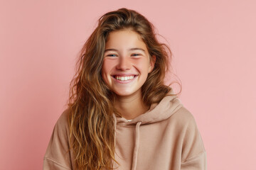 Fototapeta premium Happy young girl smiling against pink background