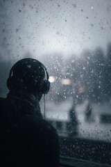 Obraz premium A person with headphones on pauses their music watching snowfall outside. Their reflection mixes with the white sky