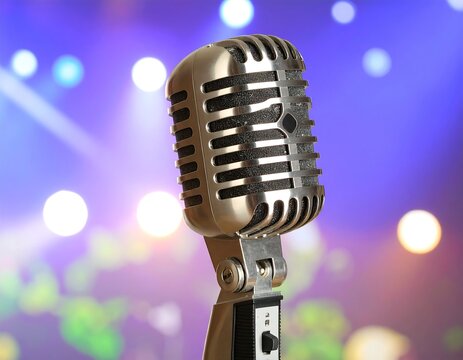 Vintage microphone against a blurred concert backdrop