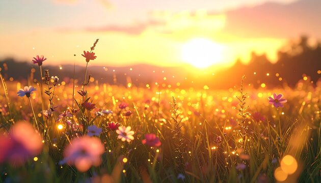 Unfiltered meadow glowing at twilight, wildflowers sparkling softly with enchanted light above tall grass fields.
