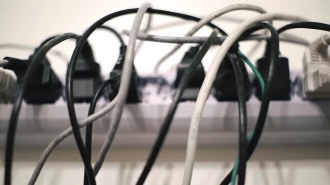 Overcrowded White Power Strip with Black Adapters and Various Cables
