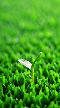 A vibrant green sprout slowly unfurls pristine tiny leaves from a lush green lawn in a serene macro ECU video with soft bokeh background. Concept of new beginnings