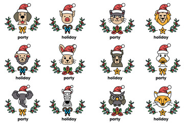 set of illustrations in the concept of Christmas animals and holidays in line art style