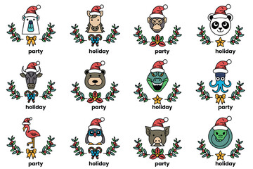 set of illustrations in the concept of Christmas animals and holidays in line art style