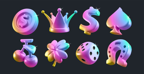 Rainbow gradient 3d casino icon set with coin and crown, dollar and spade sign, cherry and clover leaf, dice and horseshoe for gaming apps. Holographic symbols with iridescent colors for slot game
