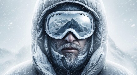 Courageous mountain climber faces blizzard with snowy peaks reflected in goggles, a portrait of resilience