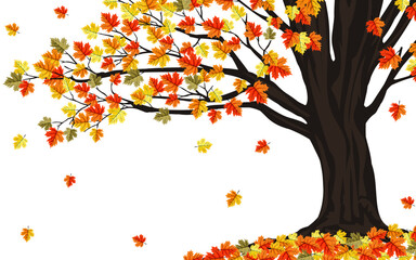 Autumn background with colorful leaves. A large tree with falling orange, red, and yellow leaves, creating a warm, cozy, and vibrant seasonal atmosphere. Perfect for a fall-themed backdrop or design.