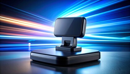 Modern, sleek, black electronic device, likely a point-of-sale terminal or kiosk, displayed against a backdrop of vibrant, fast-moving light streaks.