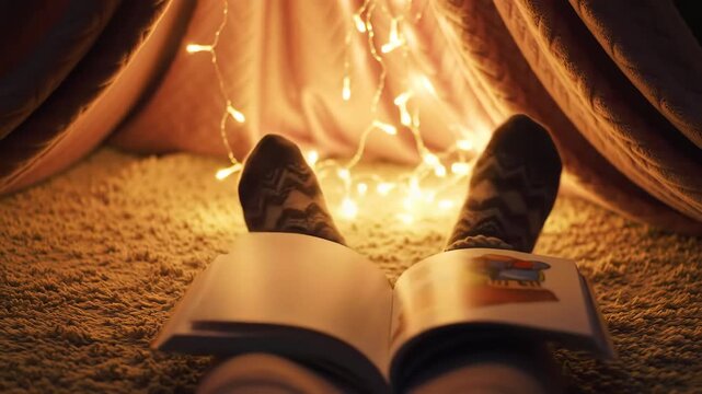 Cozy Evening Reading - Feet in Socks with a Book by Fairy Lights.