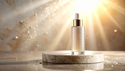 A luxurious cosmetic serum bottle with a gold dropper rests on a stone podium, illuminated by radiant golden sunbeams against a textured background.