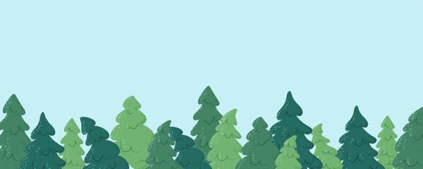 Christmas forest landscape with copy space. Background for winter and New Year festive designs.