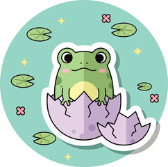 Cute little frog hatching from an eggshell amidst lily pads, symbolizing new life and spring beginnings in a whimsical, pastel illustration