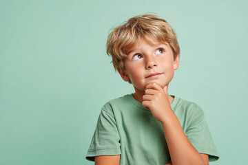 Thoughtful young boy against green background
