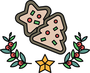 A cookie shaped like a star and a tree is on a white background
