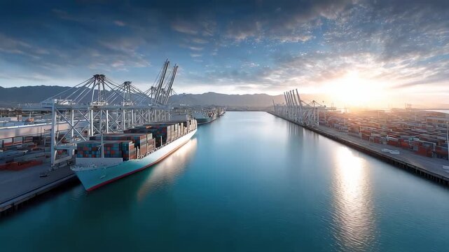 Container Cargo Ship Docked at Port Terminal Waiting for Loading and Unloading