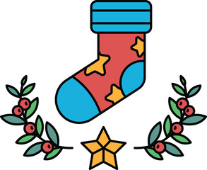 Obraz premium A red and blue sock with stars on it is surrounded by green leaves