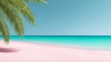 Tropical beach scene featuring soft pink sand, clear turquoise water, and lush palm leaves swaying gently in the breeze, creating a serene and inviting atmosphere for relaxation