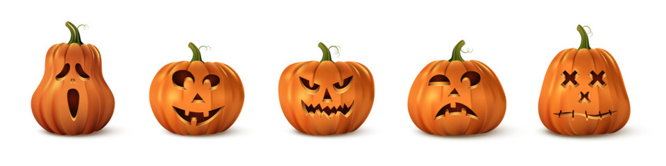Halloween pumpkin faces set with five carved jack lanterns showing different expressions. Scary, funny, spooky and stitched faces in orange festive style. Seasonal holiday vector illustration.