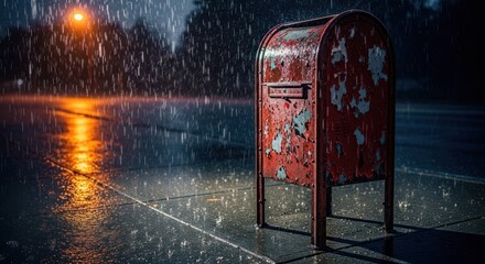 Red mailbox stands in heavy rain, worn paint, wet street reflects light