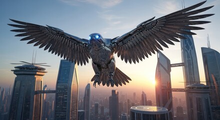 Obraz premium Cybernetic falcon soars over futuristic cityscape, a symbol of technological advancement and freedom