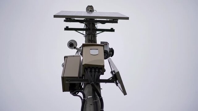 Security Camera and Solar Panel on a Weathered Wood Pole Against Gray Sky - Powered by Adobe