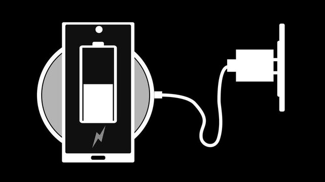 Animation of a smartphone charging wirelessly and via cable